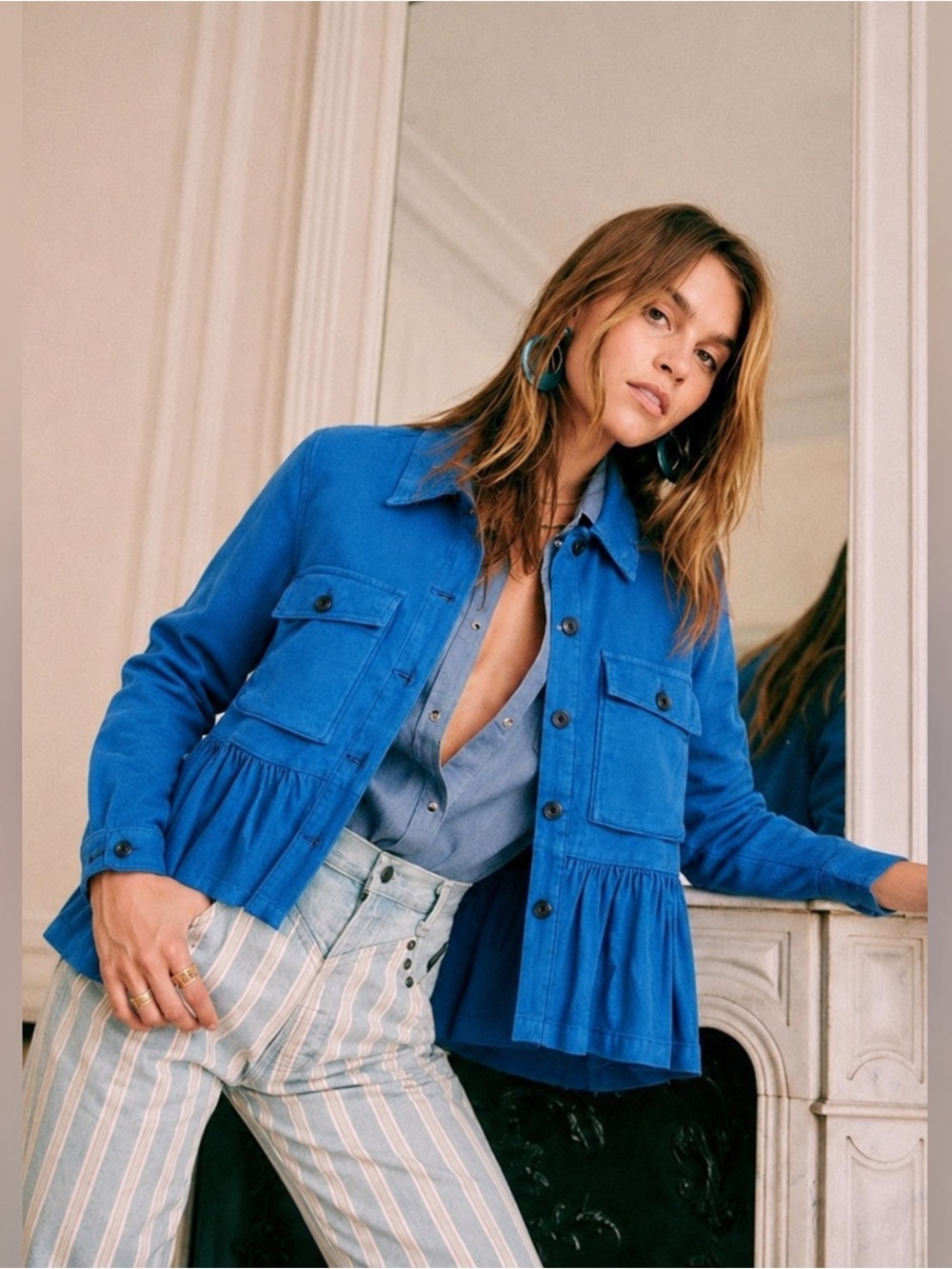New! THE GREAT. Flutter Army Jacket Utility Ruffle Hem Blue 💙 XS - Picture 2 of 11